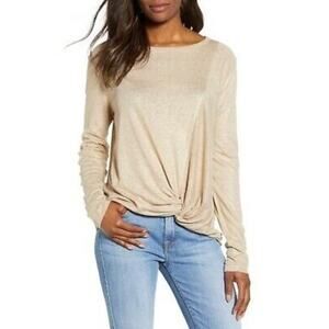 Caslon Metallic Gold Knot Front Long Sleeve Top Women's Size Small Petite